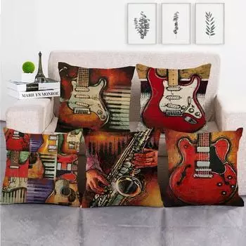Подушка с акварельной гитарой и саксофоном для спальни, декор для роскошного дома, красивый музыкальный инструмент, наволочка 40x40cm