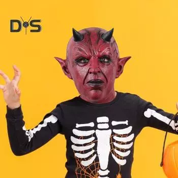 Подушка с лицом дьявола, реквизит для косплея на Хэллоуин, страшный головной убор ужасов с рогами, жуткий латексный костюм для вечеринки, аксессуар для взрослых и детей чёрный