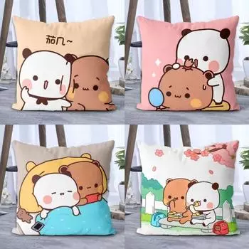 Подушка с принтом Panda Bubu и Dudu, квадратная подушка с героями мультфильмов, кавайная аниме, мягкая поясная подушка для дивана, подушки для спальни 35x35cm