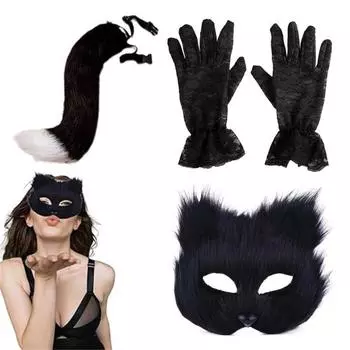 Подушка в виде лисы, пушистая подушка в виде животного, перчатки в виде хвоста, набор для девочек, маскарадный костюм для вечеринки, костюм для вечеринки, реквизит чёрный