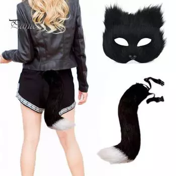 Подушка в виде лисы, пушистая подушка в виде животного, перчатки в виде хвоста, набор для девочек, маскарадный костюм для вечеринки, костюм для вечеринки, реквизит чёрный