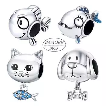 Подвеска BAMOER из стерлингового серебра 925 пробы, морская рыба-клоун, пиранья, собака, кошка, подходит для оригинального браслета A