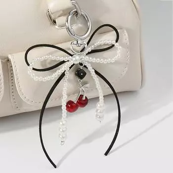 Подвеска-бантик для сумки с вишневой лентой, милый брелок, элегантный брелок с бусинами, простая сумка, подвесное украшение, аксессуары, подарки белый