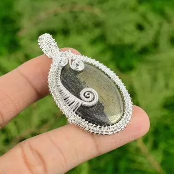 Подвеска-безель из стерлингового серебра с пиритом, ручной работы, с проволочной обмоткой, на годовщину