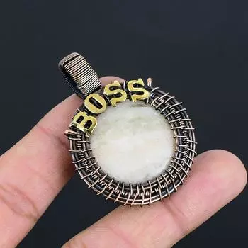 Подвеска Boss из натурального аква-серафинита с драгоценным камнем | Окисленная медная проволока в обмотке | Ожерелье-подвеска | Медный кулон ручной работы для нее/него