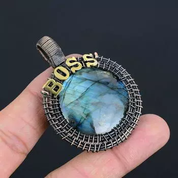 Подвеска Boss из натурального голубого огненного лабрадорита с драгоценным камнем | Окисленная медная проволока в обмотке | Ожерелье-подвеска | Медный кулон ручной работы для нее/него