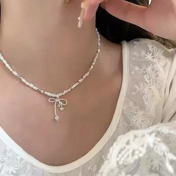 Подвеска Bow Love из циркония с жемчугом и сломанным серебром, женское легкое роскошное ретро элегантное универсальное ожерелье на шею, цепочка на ключицу