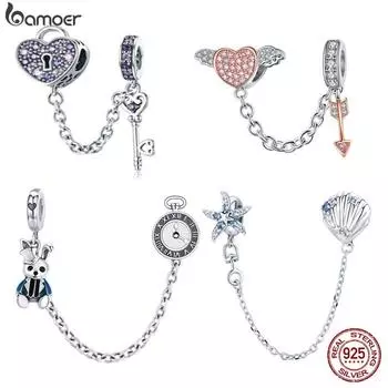 Подвеска-цепочка безопасности BAMOER, стерлинговое серебро 925 пробы, ключ в форме сердца, морская звезда и ракушка, подвеска-цепочка Mr. Rabbit, подходящая для браслетов D