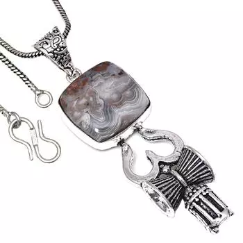 Подвеска Crazy Lace Agate Gemstone Handmade Antique Silver Jewelry 2.75