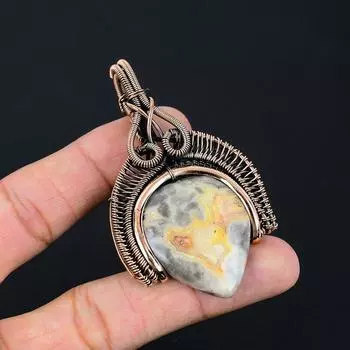 Подвеска Crazy Lace Agate, обернутая медной проволокой, ювелирное изделие, подвеска ручной работы, подвеска из драгоценного камня, ювелирные изделия Laguna Lace Agate, подарки на день рождения жёлтый