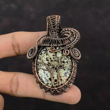 Подвеска «Дерево жизни» из далматинской яшмы, медная проволока, обернутая драгоценным камнем, медные украшения, подвеска ручной работы, дизайнерские украшения, подарок для женщин