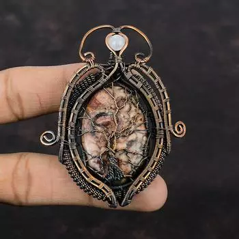 Подвеска «Дерево жизни» из яшмы «Птичий глаз», подвеска из медной проволоки, подвеска ручной работы из радужного лунного камня, ювелирное изделие из меди, подвеска из натурального драгоценного камня