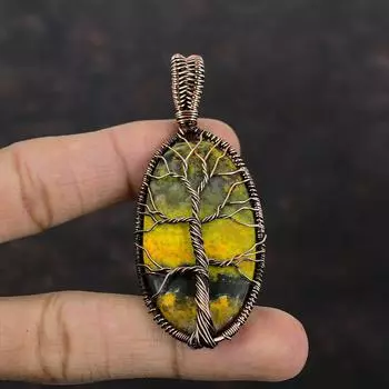 Подвеска «Дерево жизни» из яшмы шмеля, медная проволочная обертка, ювелирное изделие ручной работы, подвеска из натурального драгоценного камня, медное ювелирное изделие в подарок маме