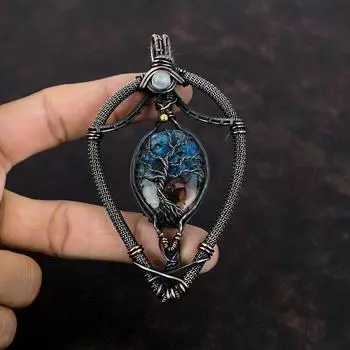 Подвеска «Дерево жизни» с арбузным турмалином, медная проволока, подвеска с лунным камнем, подвеска из драгоценного камня, ручная работа, медная проволока, подарок для него