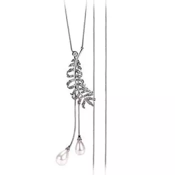 Подвеска Длинное Изысканное Ожерелье Для Женщин С Красивыми Подвесками в виде Перьев и Жемчуга платиновый