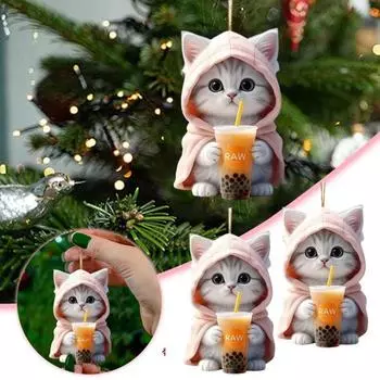 Подвеска для автомобиля 2D Котенок в толстовке с капюшоном, держащий молочный чай, легкая школьная сумка, сумка через плечо, подвеска с цепочкой из бисера, праздничный подарок Cat