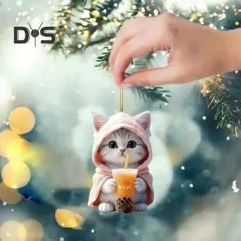 Подвеска для автомобиля 2D Котенок в толстовке с капюшоном, держащий молочный чай, легкая школьная сумка, сумка через плечо, подвеска с цепочкой из бисера, праздничный подарок Cat