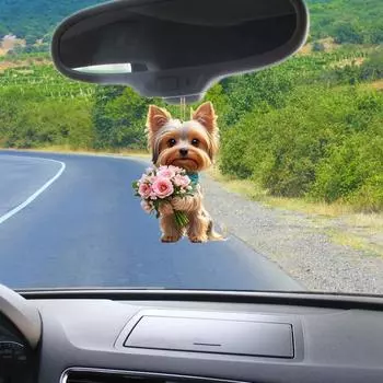 Подвеска для автомобиля 2D Щенок с цветком Рождественская елка Подвесная подвеска Легкая Вид сзади синий