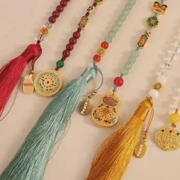 Подвеска для автомобиля в виде полой тыквы в стиле ретро с песочно-золотым оттенком и двойной кисточкой - аксессуар для украшения салона автомобиля, приносящий умиротворение и очарование