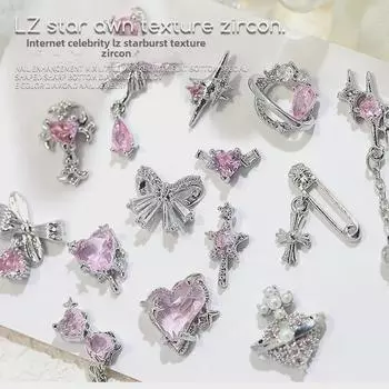 Подвеска для ногтей LZ Star Zircon: Украшение Love Chain Bow с розовыми бриллиантами