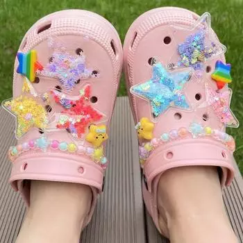 Подвеска для обуви, булавки «сделай сам», блестящие звезды, прозрачная цепочка из бисера, декоративная пряжка для обуви с отверстиями, набор подвесок, аксессуары, подарок для детей для мальчиков и девочек