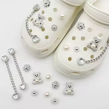 Подвеска для обуви Crocs DIY Модная серебряная цепочка с жемчугом и бриллиантами для обуви Украшение Пряжка для Croc Подвески Аксессуары для обуви с отверстиями