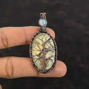 Подвеска «Древо жизни» из брекчированного мукаита, медная проволока, кулон с радужным лунным камнем, кулон из драгоценного камня, медная подвеска ручной работы, подарок для нее