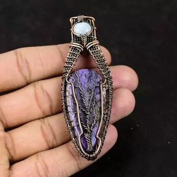 Подвеска «Древо жизни» с чароитом, драгоценный камень, медная проволока, кулон, ювелирные изделия ручной работы, подвеска из проволоки, Радужный лунный камень, ювелирное изделие, подарок для нее