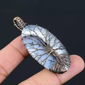 Подвеска «Древо жизни» с дендритом и опалом. Подвеска из натурального дендрита с опалом и драгоценным камнем. Подвеска из медной проволоки. Подвеска ручной работы. Ювелирное изделие. Подарок для нее. белый