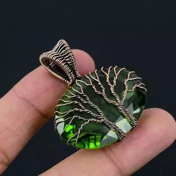 Подвеска «Двойное дерево жизни» из перидота, медная проволочная обертка, подвеска из драгоценного камня перидот, подвеска ручной работы, подарок для нее, ювелирные изделия из перидота зелёный
