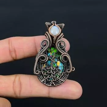 Подвеска Fiesta Kingman с бирюзой и лунным камнем ручной работы из чистой медной проволоки, обернутая ювелирными изделиями 2.76 Inches зелёный