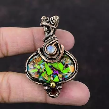 Подвеска Fiesta Kingman с бирюзой, медная проволока, кулон с драгоценным камнем, мультимедная подвеска с бирюзой, кулон ручной работы с лунным камнем, проволочные украшения