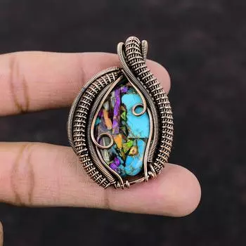 Подвеска Fiesta Kingman с бирюзой, медная проволока, кулон с драгоценным камнем, мультимедная бирюзовая подвеска, медные украшения ручной работы, подарок на помолвку