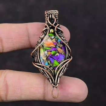 Подвеска Fiesta Kingman с бирюзой, подвеска из медной проволоки, мультимедная подвеска с бирюзой, медные украшения ручной работы, подвеска из натурального драгоценного камня