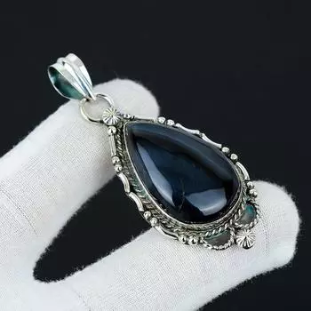 Подвеска «Голубой тигровый глаз», Ювелирные изделия из натурального синего тигрового глаза, Ювелирные изделия из стерлингового серебра 925 пробы, Ювелирная подвеска ручной работы в стиле бохо, Подвеска унисекс для подарка 2.55 синий