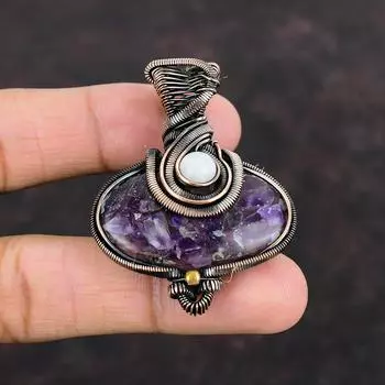 Подвеска из африканского аметиста, медная проволока, кулон, ювелирные изделия из натуральных драгоценных камней, подвеска из радужного лунного камня, медные украшения ручной работы, подарок для него