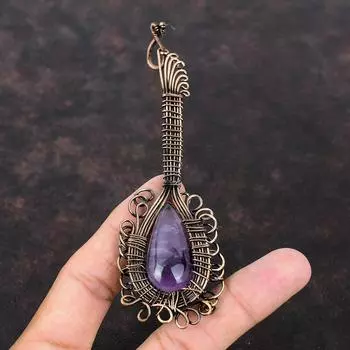 Подвеска из африканского аметиста, обернутая медной проволокой, подвеска в виде гитары, медные украшения, подвеска ручной работы, обернутая драгоценным камнем, подарок другу