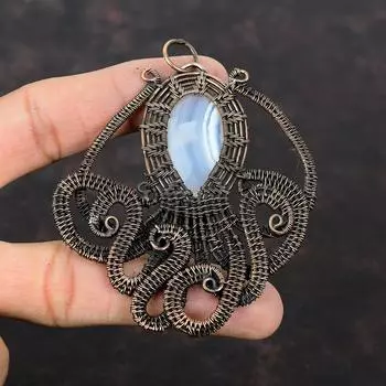 Подвеска из агата Ботсваны, подвеска из медной проволоки, ювелирное изделие из драгоценных камней, подвеска ручной работы из меди, ювелирное изделие из проволоки, осьминог, подарок для женщин