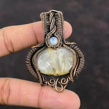Подвеска из агата с перьями, подвеска из медной проволоки, подвеска из радужного лунного камня, медные украшения ручной работы, подвеска из настоящего драгоценного камня, подарок для нее
