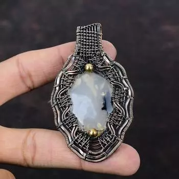 Подвеска из агата с перьями, подвеска из медной проволоки, подвеска из натурального драгоценного камня, медные украшения, подвеска ручной работы, подвеска из проволоки, подарок для нее