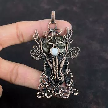Подвеска из агата Turritella, обернутая медной проволокой, подвеска в виде головы оленя из драгоценных камней, ювелирные изделия ручной работы, подвеска из медного лунного камня, подарки на годовщину