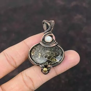 Подвеска из агата Turritella, подвеска из медной проволоки, подвеска из лунного камня, ювелирное изделие ручной работы, подвеска из драгоценного камня, медное ювелирное изделие, подарок для мамы