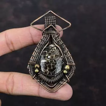 Подвеска из агата Turritella, подвеска из медной проволоки, подвеска из драгоценного камня, медные украшения, подвеска ручной работы, подарок на годовщину, ювелирные изделия, обмотанные проволокой