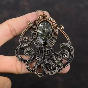 Подвеска из агата Turritella, подвеска из медной проволоки, подвеска в виде осьминога, подвеска из настоящего драгоценного камня, подвеска ручной работы из медной проволоки, ювелирное украшение в подарок маме
