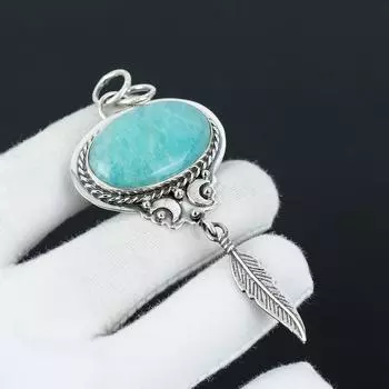 Подвеска из амазонита ручной работы с подвеской в виде пера из стерлингового серебра 925 пробы – идеальный подарок на Рождество, Новый год или любой другой праздник для нее 2.75 зелёный