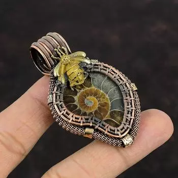 Подвеска из аммонита ископаемого, медная проволока, кулон с драгоценным камнем, медные украшения ручной работы, подвеска в виде медовой пчелы, уникальная проволочная обмотка, ювелирное изделие, подарок для него