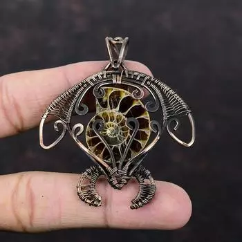 Подвеска из аммонита ископаемого, медная проволока, обернутая подвеска, ювелирные изделия ручной работы, ювелирные изделия из драгоценных камней, подвеска в виде черепахи, уникальный медный дизайн, ювелирное изделие, подарок для мамы