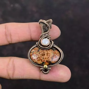 Подвеска из астероидной яшмы, медная проволочная обертка, подвеска из радужного лунного камня, драгоценный камень, медные украшения, подвеска ручной работы, проволочная бижутерия для подарка