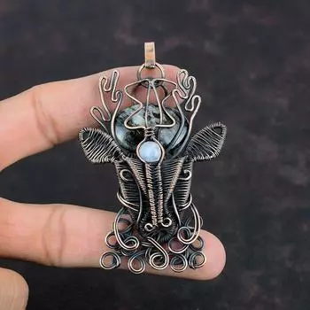 Подвеска из астрофиллита, обернутая медной проволокой, подвеска из драгоценного камня, ювелирное украшение ручной работы в виде лица оленя, подвеска из радужного лунного камня, медные ювелирные изделия, подарки для нее