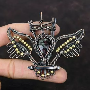 Подвеска из эвдиалита, медная проволока, обернутая в кулон, ювелирное изделие ручной работы, подвеска из драгоценного камня, подарок для женщин, медная бижутерия из эвдиалита, кулон в виде совы для подарка